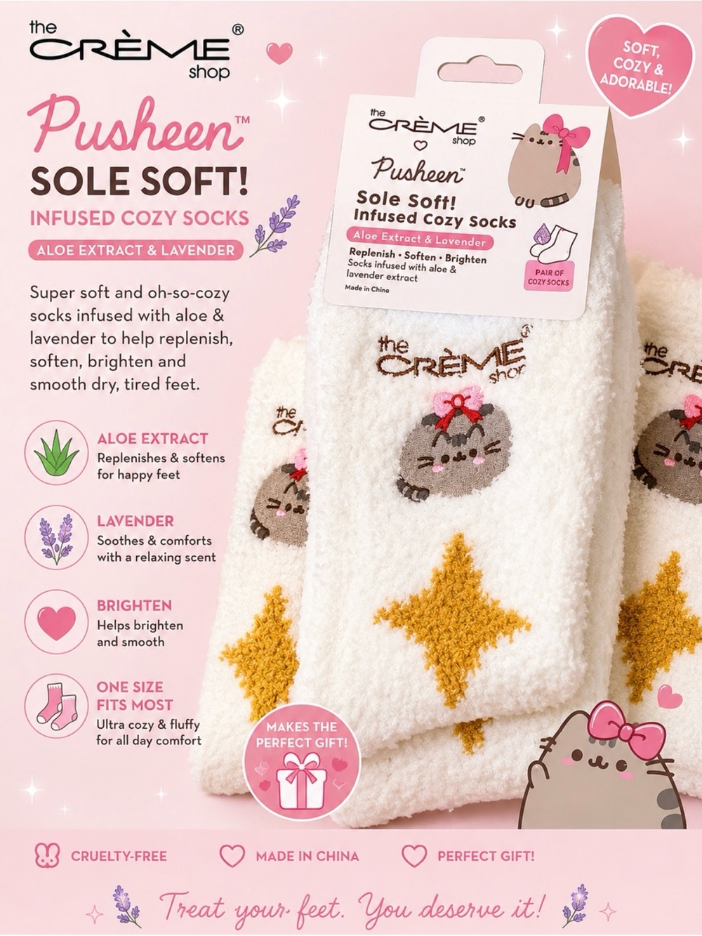 The Crème Shop Pusheen Plush Throw Blanket in Cream with Gold Stars